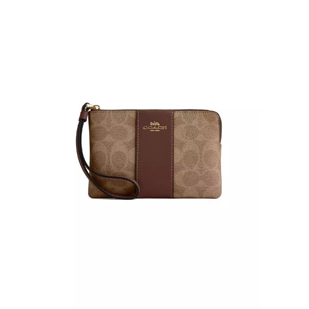 Coach Corner Zip Signature Canvas with Leather Stripe Bag Tan Brown One Size NWT